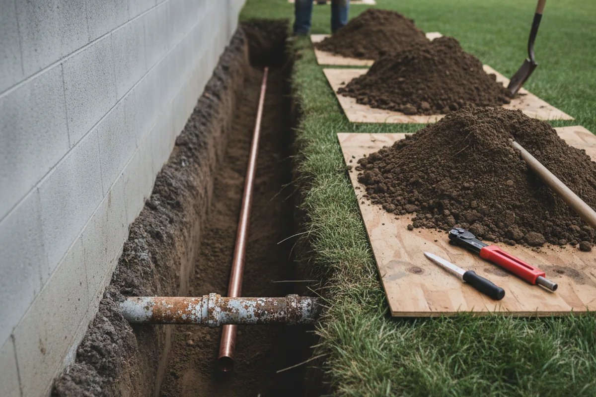 Excavated water line trench during Water Softener Installation in Woosung
